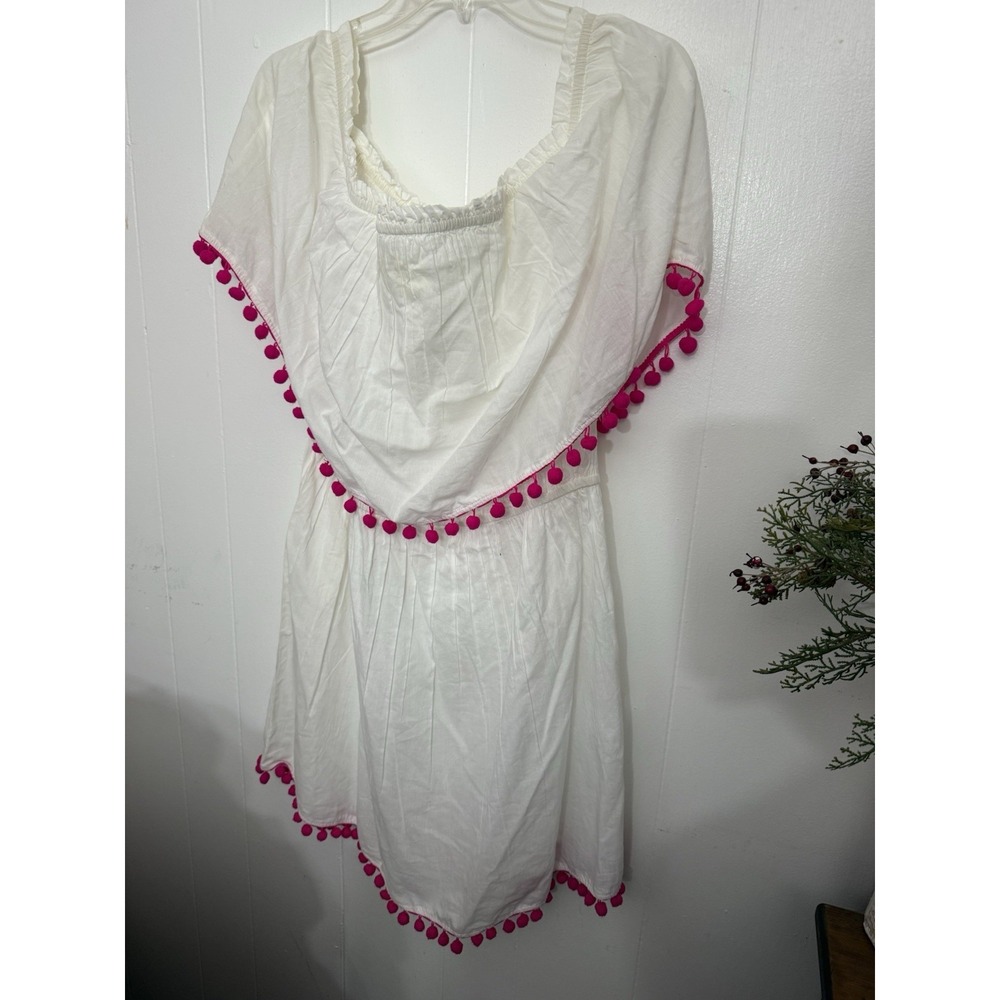 Mud Pie L NWT Cold Shoulder White Cotton Dress Dark Pink Ball Trim